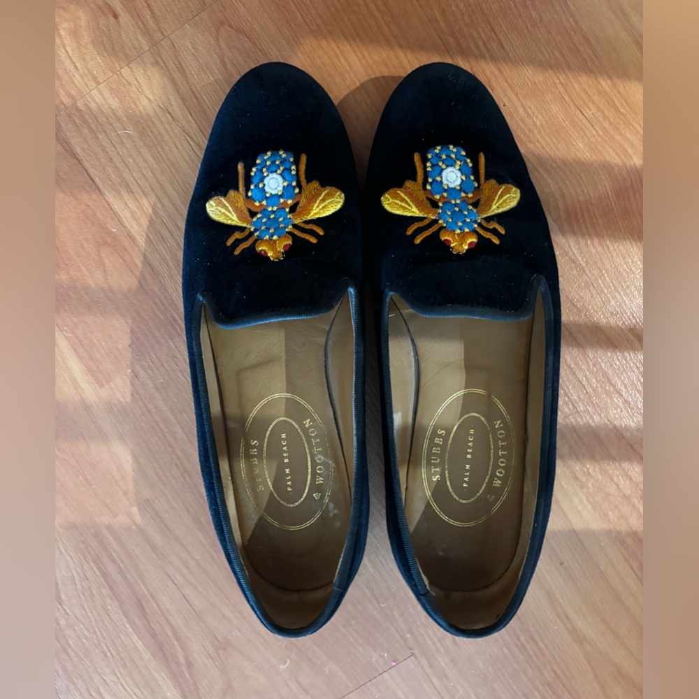 Women's Stubbs & Wootton Slippers Loafers Shoes Black Velvet Size 9